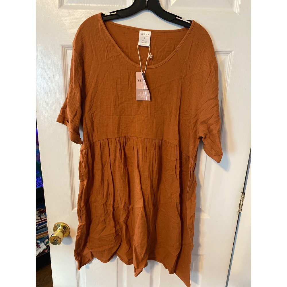 Serra Ladies Lightspun Dress Burnt Orange Cotton Gauze Babydoll V-Neck Large NWT